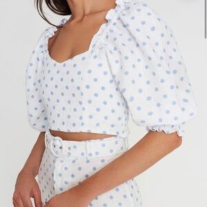 Faithfull the Brand linen blue and white polka dot crop top